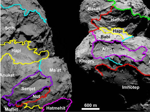 19 morphologically different regions on the surface of comet 67P/Churyumov-Gerasimenko