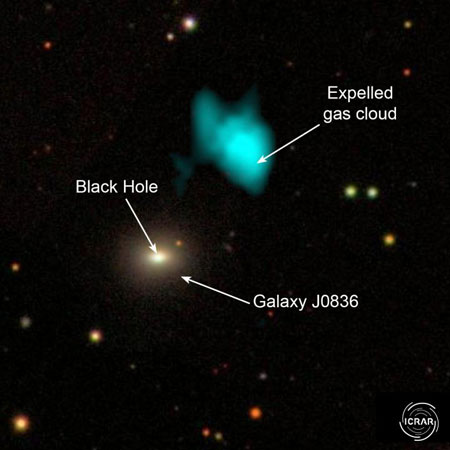 Galaxy J0836, a Black Hole and an Ejected Cloud of Star-Forming Gas