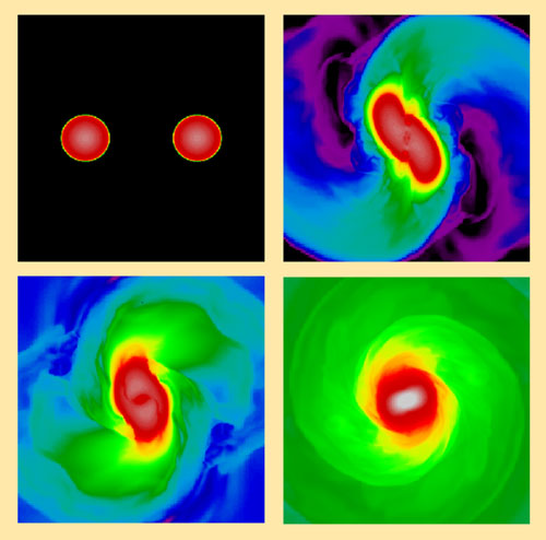 Four snapshots from the merging of two neutron stars