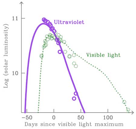 Ultraviolet and visible-light light curves of SLSN Gaia16apd (open cycles) are shown together with calculated light curves for shock-interacting supernova