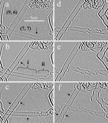 >Time series of HRTEM images showing the rapid destruction of a single-walled carbon nanotube
