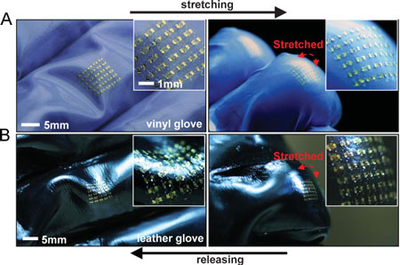 Optical images of CMOS circuits on finger joints of vinyl and leather gloves
