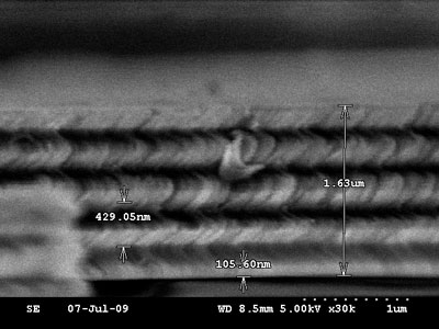 SEM image of a chiral sculptured thin film of magnesium fluoride