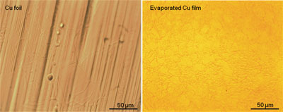 Side by side comparison of growths on a copper foil (left) and an evaporated copper thin film