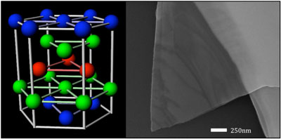 Schematic of a single atomic quintuple (left) of bismuth telluride and scanning electron microscopy image of the atomically thin film made of this material by mechanical exfoliation