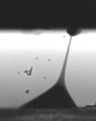 Blasting cone of droplets shooting a nano-droplet