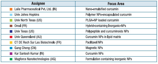 Patenting activity on nano-based curcumin by various assignees