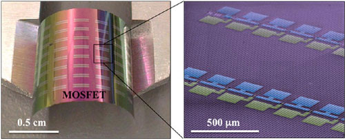 Digital photographs of already released, flexible MOSFET including SEM image zoom-in of the devices