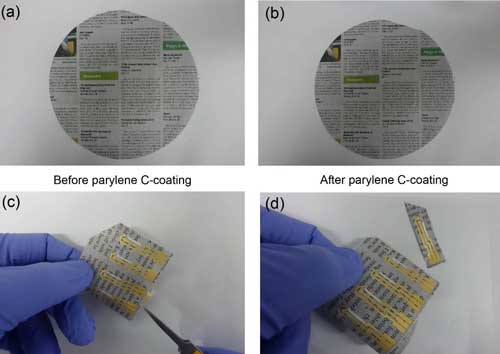 Photographs of newspaper (a) before and (b) after parylene C coating and deposited electrodes