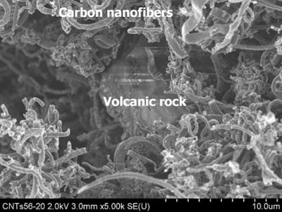 Scanning electron microscopy image of a lava–CNF composite, showing CNT/CNFs
grown on igneous rocks