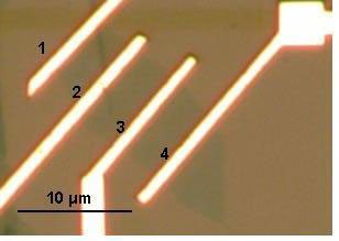 Optical microscopy image of graphene layer with multiple contacts for measuring graphene's electrical resistance