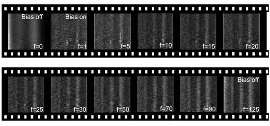 Frames from a movie capturing the growth of three lines of silicon oxide in real-time