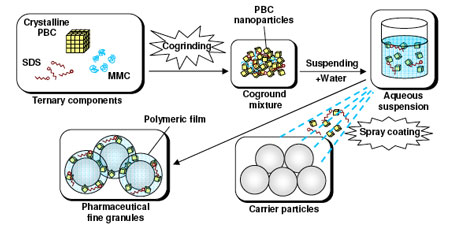A schematic representation of the preparation of pharmaceutical fine granules containing probucol nanoparticles