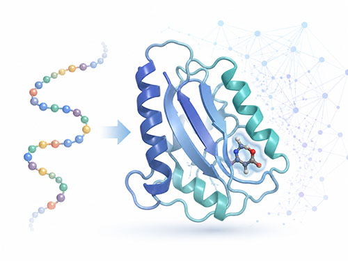 Illustration of an amino acid chain transforming into a folded protein structure, with a faint neural-network pattern representing AI-based protein structure prediction.