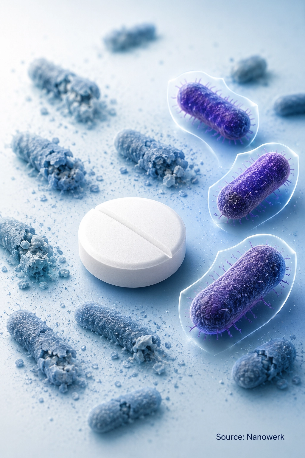Antibiotic-resistant bacteria surviving near an antibiotic pill while susceptible bacteria fade away