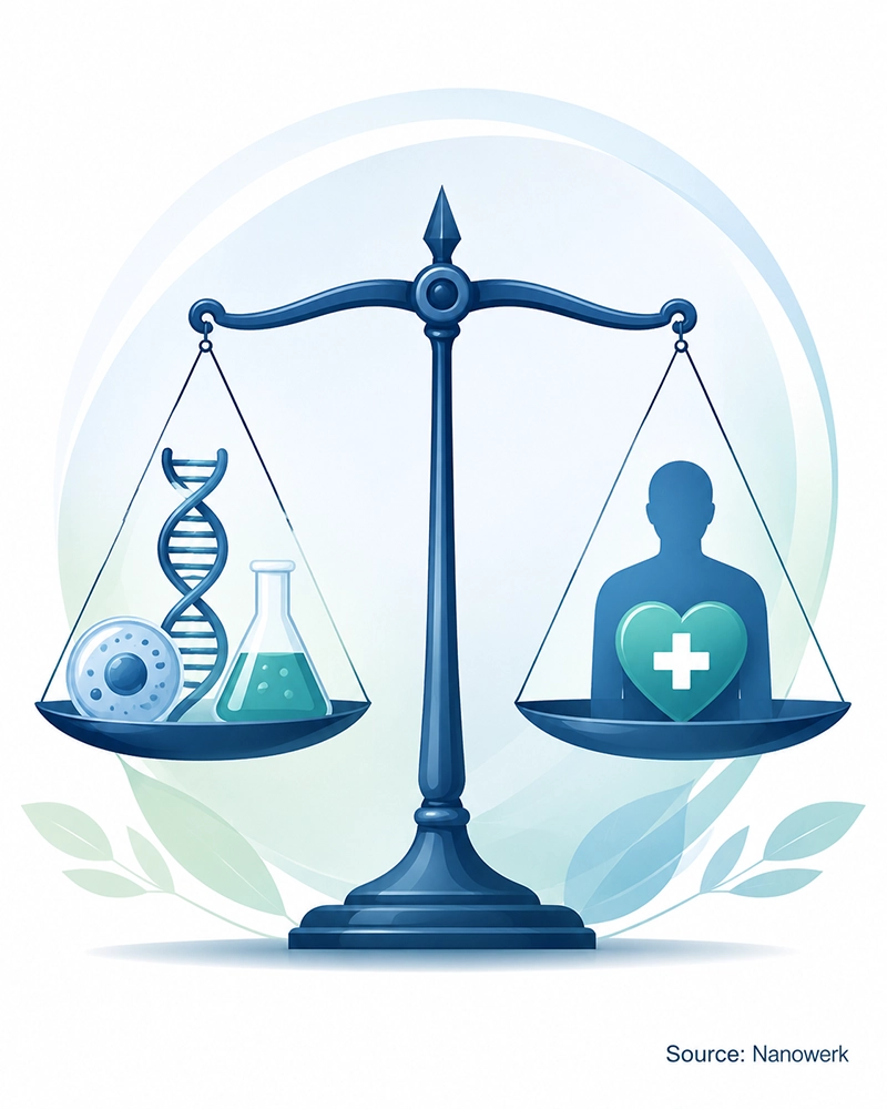 Bioethics illustration showing biotechnology balanced with human health and values