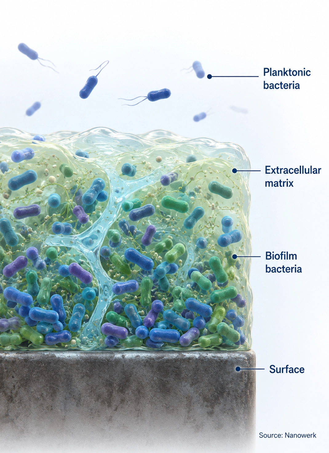 Biofilm bacteria embedded in an extracellular matrix on a surface, with planktonic bacteria shown above.