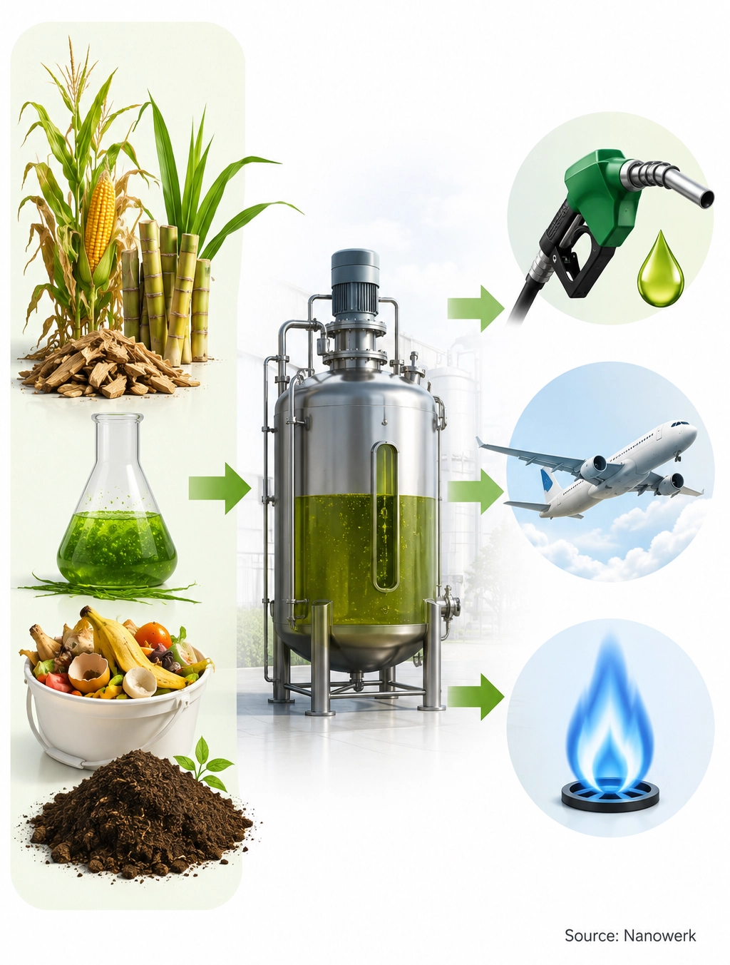 Biofuel illustration showing crops, wood chips, algae and organic waste converted in a bioreactor into renewable fuel, sustainable aviation fuel and biogas