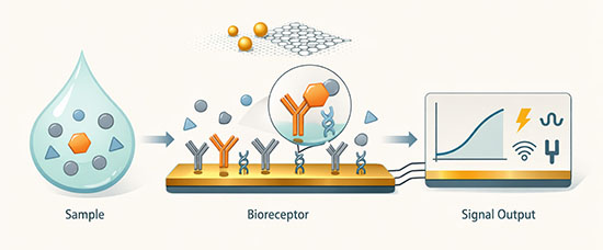 Schematic representation of a biosensor showing the bioreceptor layer, transducer, and signal processing unit