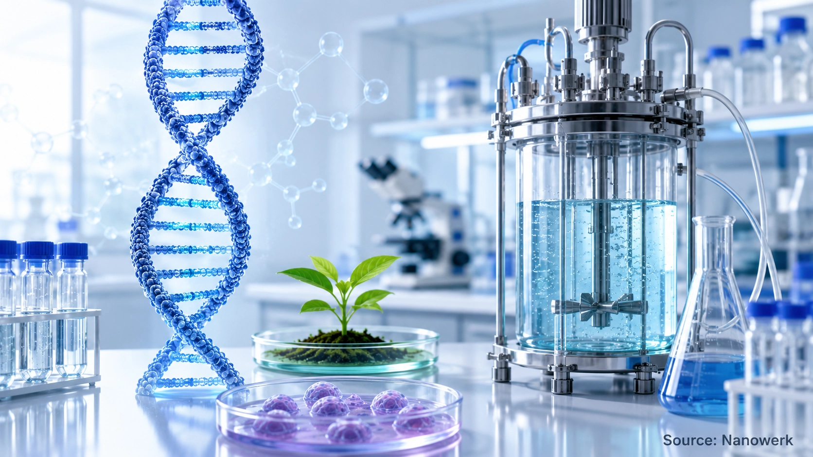 Biotechnology laboratory with DNA helix, bioreactor, cultured cells and plant seedling