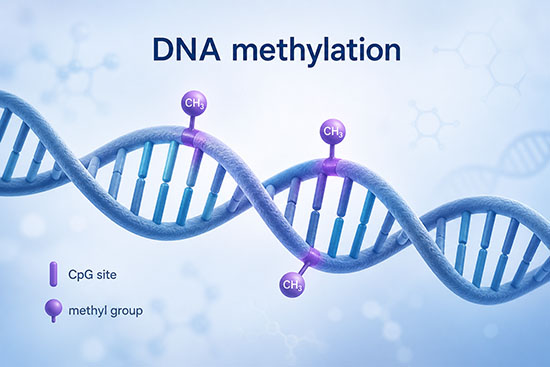 Illustration of a DNA double helix with methyl groups attached to cytosine bases at CpG sites, representing DNA methylation as an epigenetic mark.