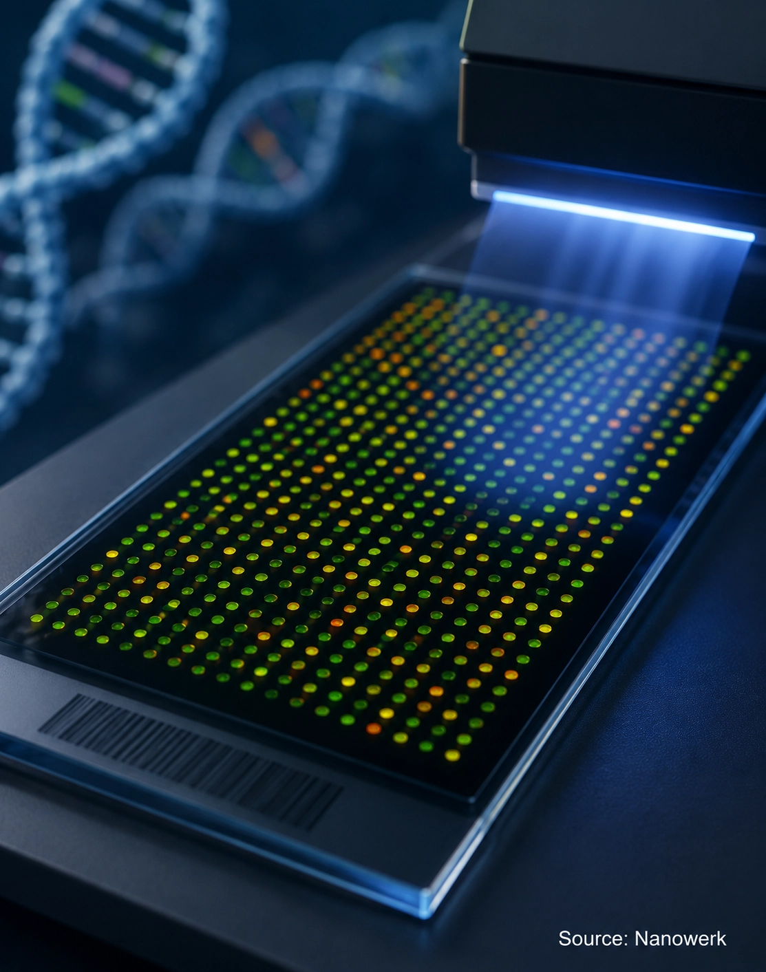 DNA microarray chip with fluorescent probe spots being scanned in a laboratory