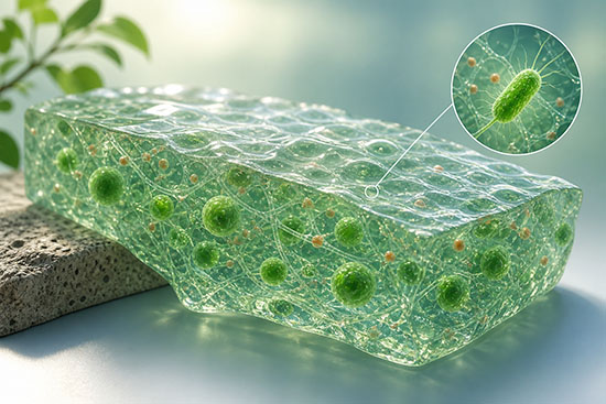 Translucent hydrogel-like block containing embedded green living cells, fibrous strands, and small particles, with a magnified inset showing a microbe inside the engineered living material.