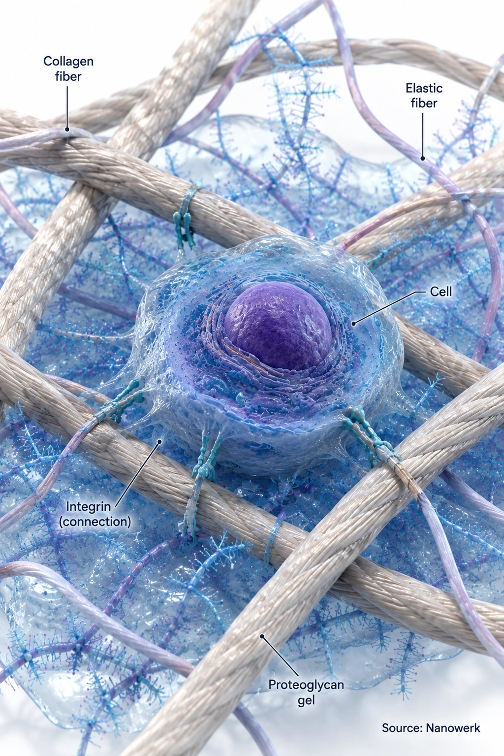 Extracellular matrix surrounding a cell with collagen fibers, proteoglycan gel and integrin connections