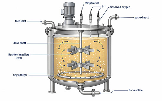 Schematic of a stirred-tank bioreactor for industrial fermentation
