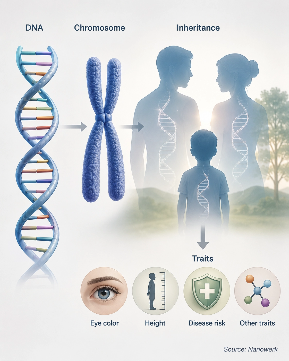 Illustration of genetics showing DNA, a chromosome, inheritance from parents to a child, and inherited traits including eye color, height, and disease risk.