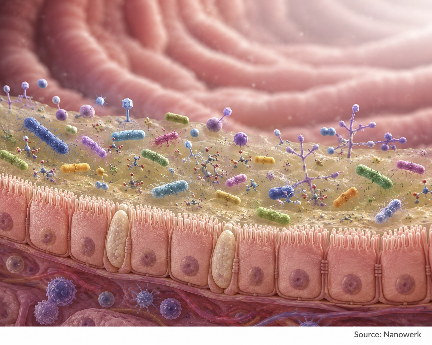 Illustration of the human gut microbiome showing bacteria, fungi, viruses and metabolites along the intestinal mucus layer
