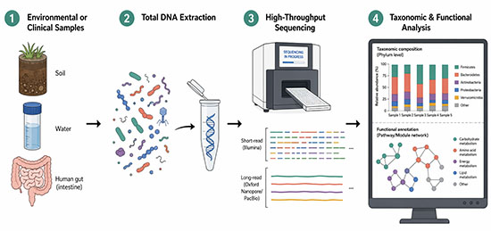 Conceptual overview of a metagenomic workflow from environmental sample collection through DNA extraction, sequencing, and bioinformatic analysis