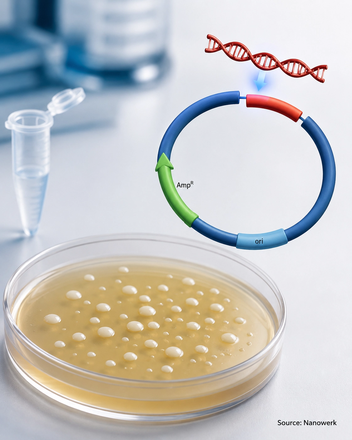 Scientific illustration of a Petri dish with bacterial colonies, a circular plasmid labeled AmpR and ori, a red DNA fragment above it, and the text Source: Nanowerk at bottom right