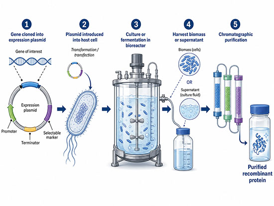 Diagram showing recombinant protein production from gene cloning to host-cell expression, bioreactor culture, harvest, and purification