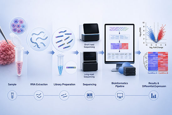Schematic of an RNA sequencing workflow showing RNA isolation from cells, conversion of RNA into a cDNA library, fragmentation and adapter ligation, high-throughput sequencing, and bioinformatic analysis producing transcript abundance and differential expression results