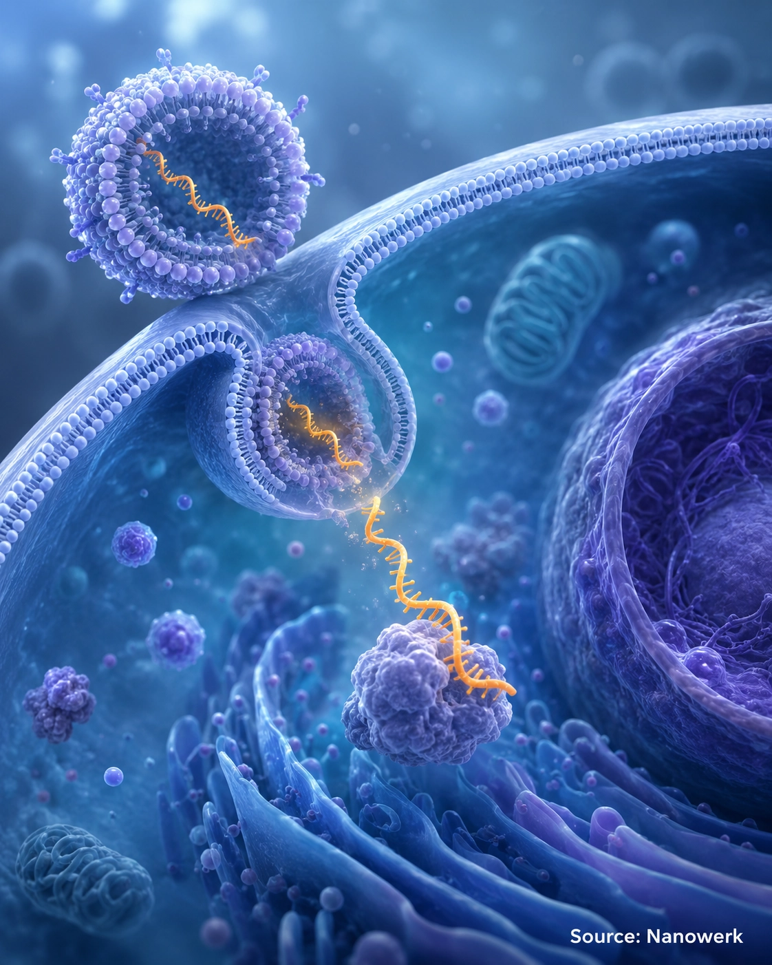RNA therapy illustration showing a lipid nanoparticle delivering RNA medicine into a human cell