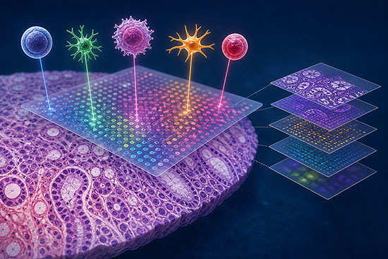 Schematic of a spatial genomics workflow showing a tissue section, position-coded molecular measurements and a reconstructed map of cell states in tissue.