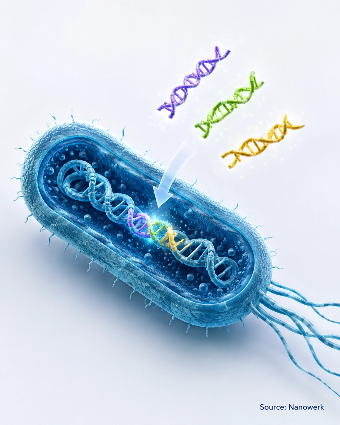 Synthetic biology illustration showing DNA segments being assembled into an engineered bacterium