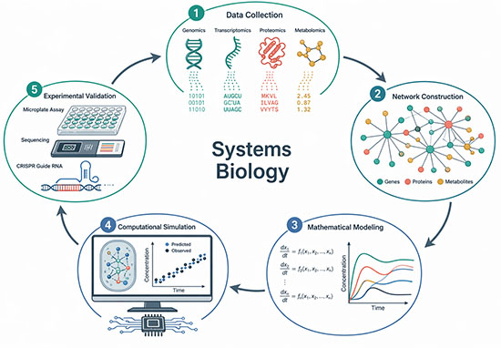 Diagram illustrating the systems biology workflow: high-throughput omics data collection, network construction, mathematical modeling, computational simulation, and experimental validation in an iterative cycle