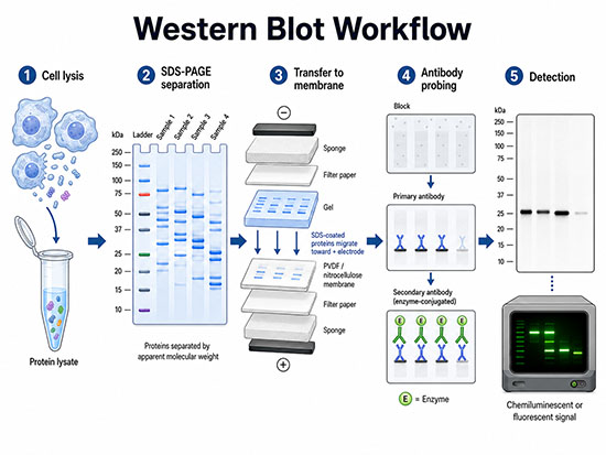 Diagram of the Western blot workflow showing cell lysis, SDS-PAGE separation by apparent molecular weight, transfer to a PVDF or nitrocellulose membrane, antibody probing, and chemiluminescent or fluorescent detection