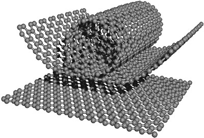 schematic of how graphene could roll up to form a carbon nanotube