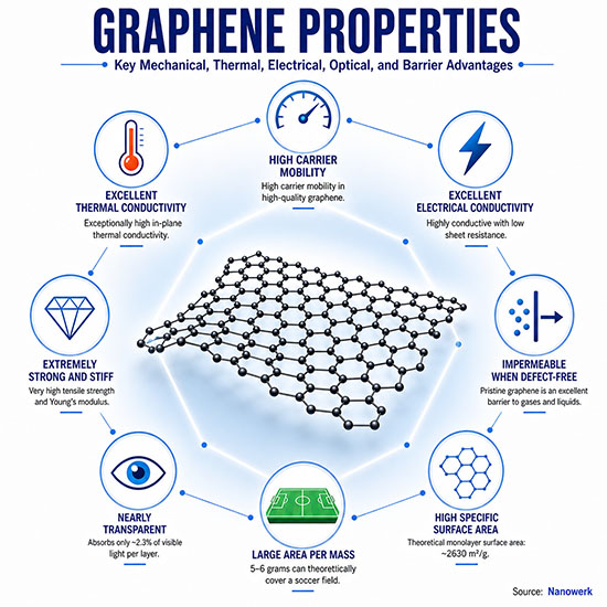 A wavy sheet of hexagonally arranged carbon atoms is shown in the center, surrounded by icons labeled high electron mobility, excellent thermal conductivity, exceptional electrical conductivity, extremely strong, nearly transparent, impermeable, high surface area, and covers a soccer field.