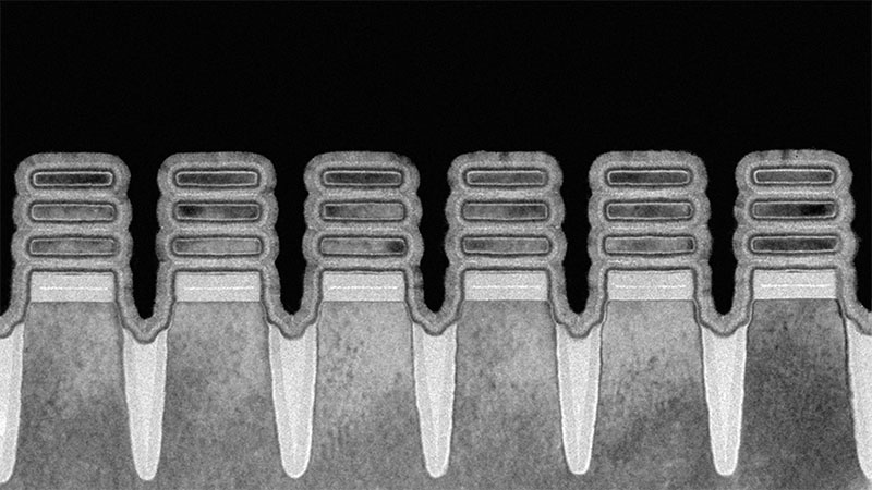 Row of six 2 nanometer transistors, each with four gates, as seen using transmission electron microscopy