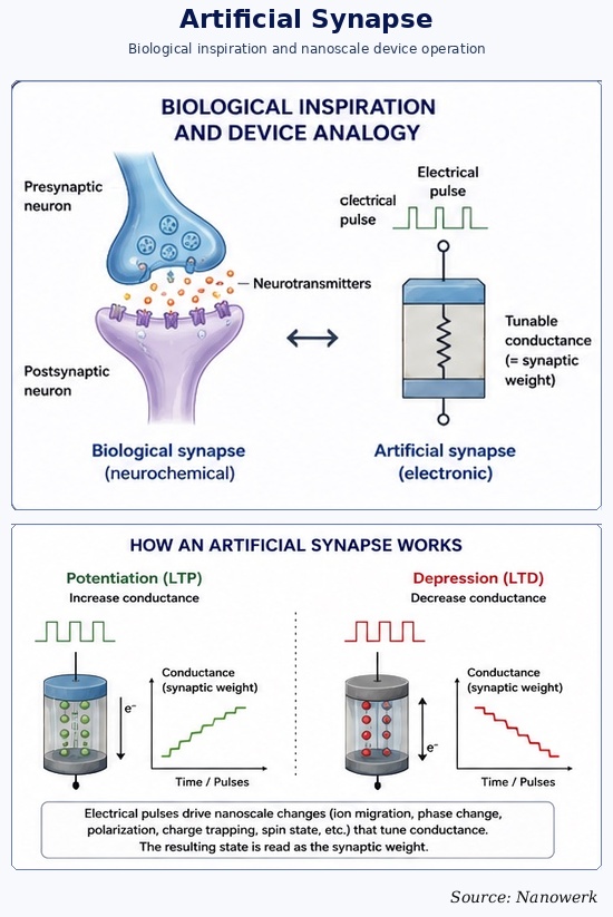 A nanoscale artificial synapse device shown alongside a biological synapse: voltage pulses on the device gradually adjust its state, mirroring the way biological synapses strengthen or weaken connections.