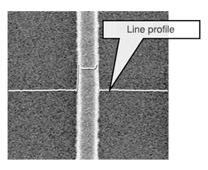 line profile drawn on top of an SEM image of a photoresist line