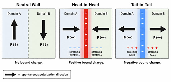 Illustration of head-to-head and tail-to-tail charged domain walls in a ferroelectric crystal