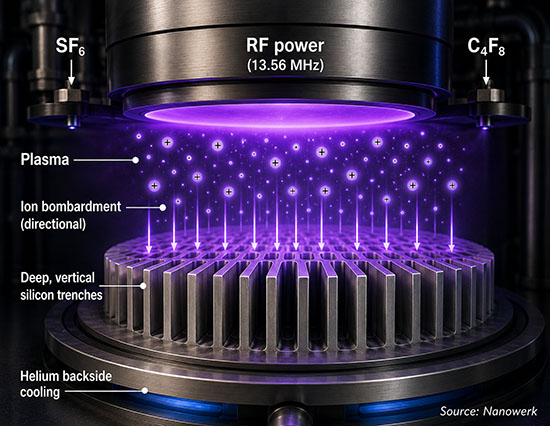DRIE reactor chamber with purple plasma above a silicon wafer, directional ion bombardment arrows, SF₆ and C₄F₈ gas inlets, helium backside cooling, and deep vertical silicon trenches.