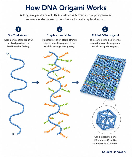 Illustration of a DNA origami nanostructure: a long single-stranded DNA scaffold (gray) folded into a shape by hundreds of short colored staple strands, with labels indicating the scaffold, staples, parallel double helices and an approximate 100 nanometer scale bar.