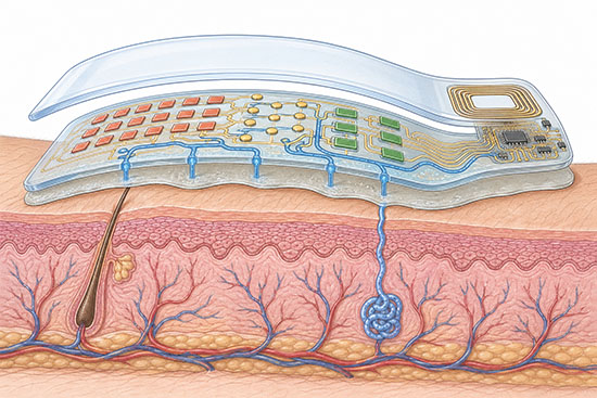 Illustration of a flexible electronic skin patch conforming to human skin, showing integrated sensor arrays for pressure, temperature, and biochemical detection