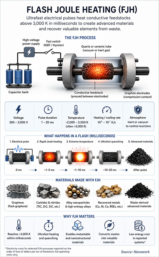Vertical scientific illustration of a flash Joule heating setup, showing a capacitor bank, fast switch, quartz or ceramic tube, graphite electrodes, and glowing conductive feedstock, with process steps and example materials produced.